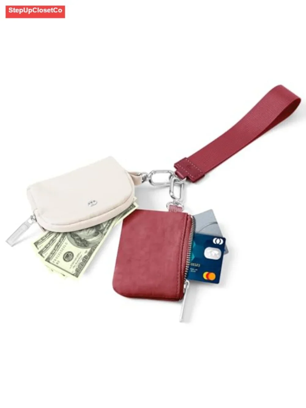 Mini Zip Around Wristlet Wallet for Women Detachable Dual Pouch Keychain Coin